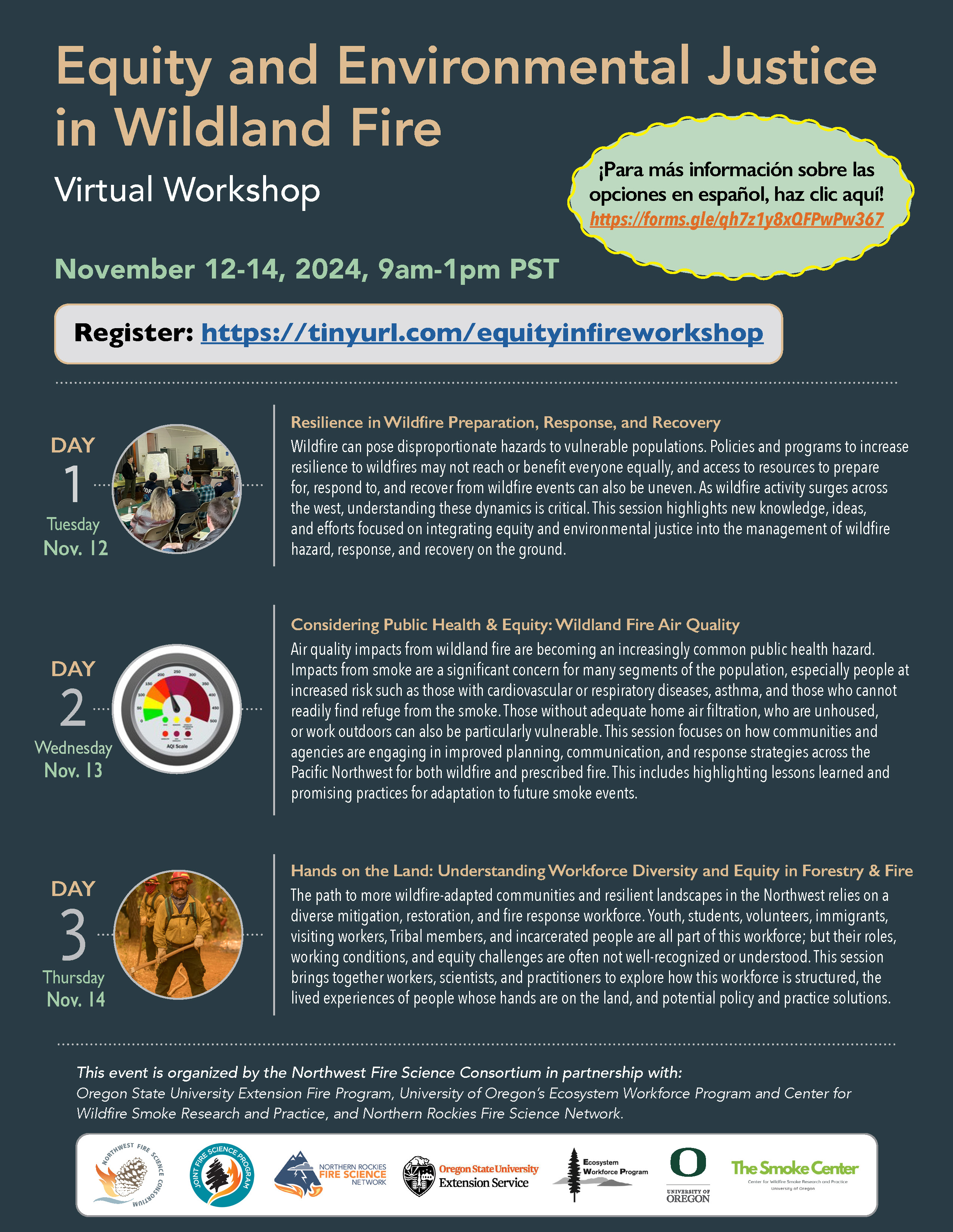 Flyer for Equity and Environmental Justice in Wildland Fire Virtual Workshop